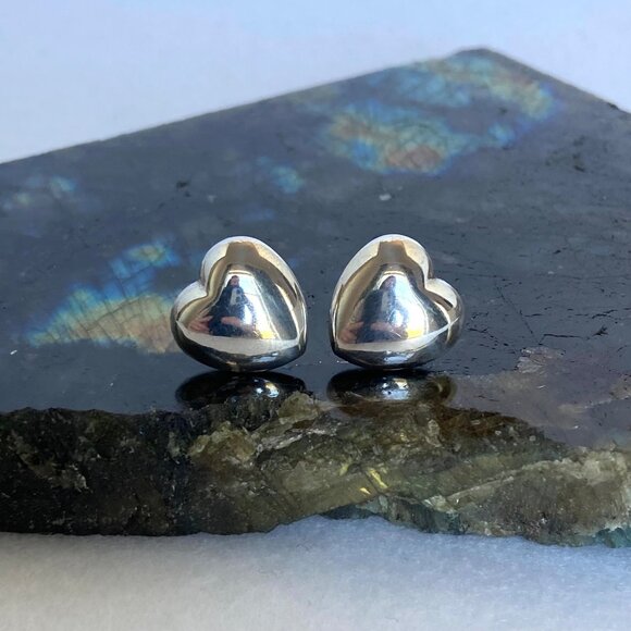 Sterling Silver 925 Italy 0.5" Hollow Puffy Heart Stud Earrings - Picture 13 of 16